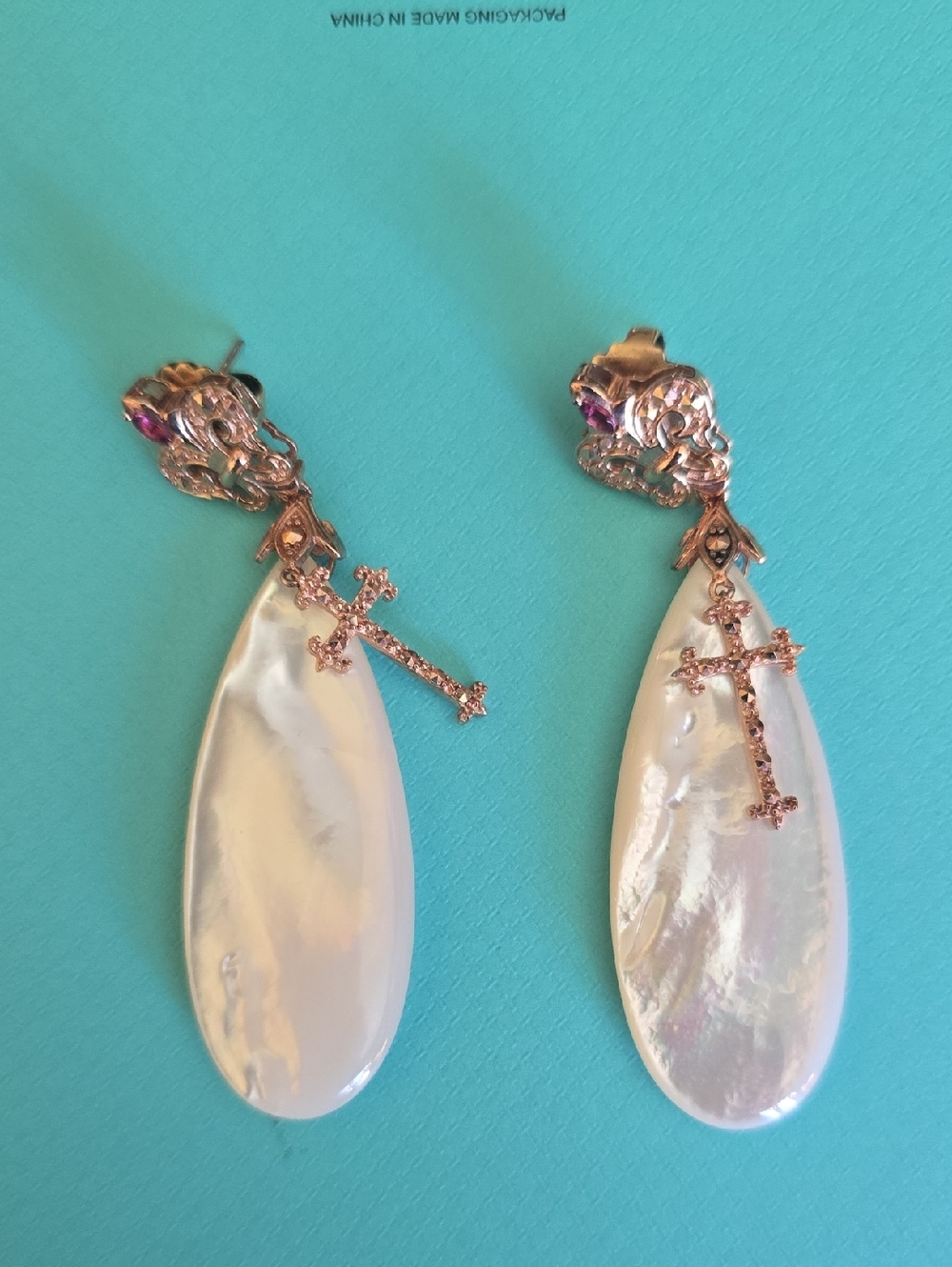 Mother Of Pearl Teardrop Earrings with Gold Cross Charms